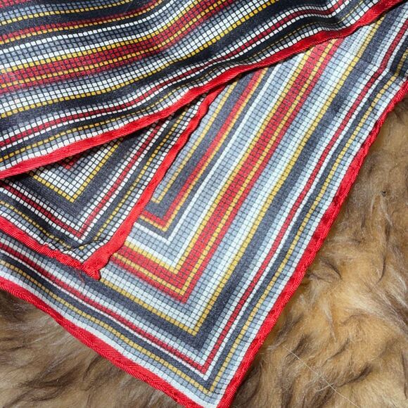 Christian Dior Vintage Silk Scarf — Red Trim Geometric Print Stripes Polkadot — - Picture 2 of 13